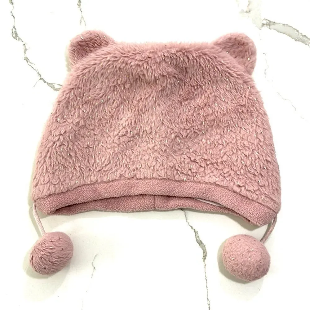 Girls Kids Pink Bear Ears Fleece Winter Hat Gold Flecks Pom Poms Size 52 (6 5/8)